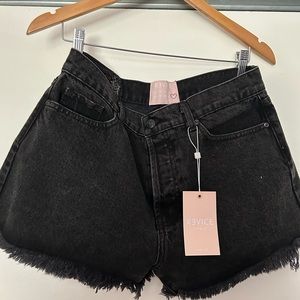 REVICE denim button fly black denim shorts